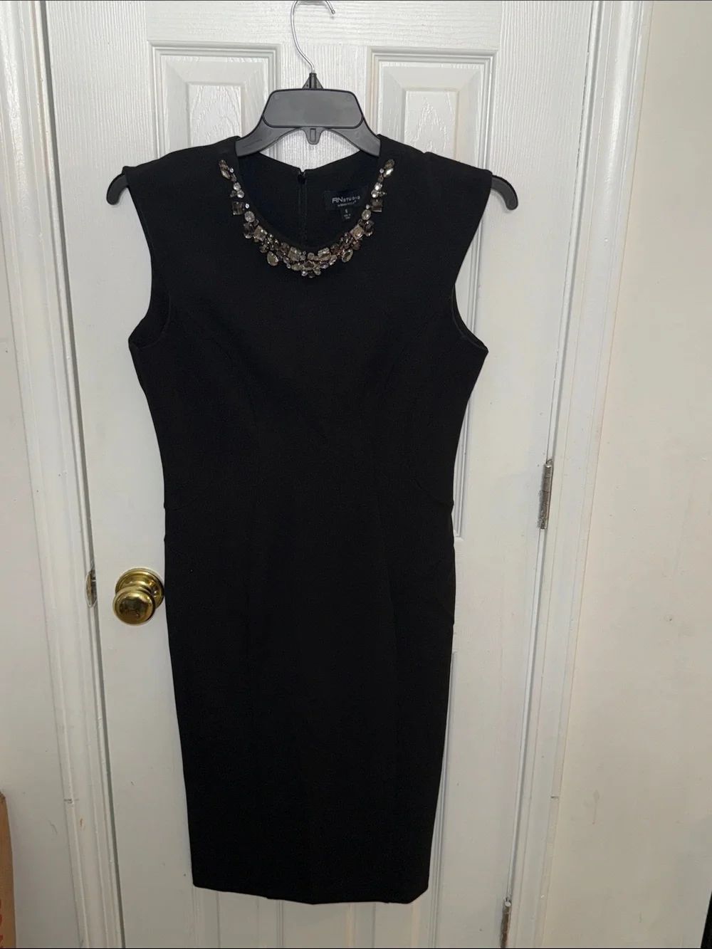 Petite Sophisticated Black Jewel-Neck Sheath Dress